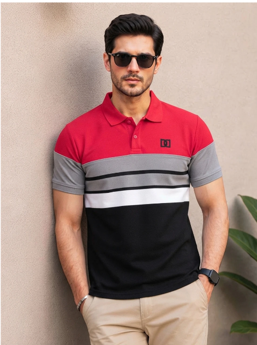 Men Colorblock Polo Neck Polycotton Red T-Shirt