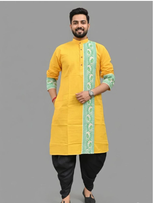Chandra Woven Design Pure Cotton Straight Kurta for Men (Yellow)