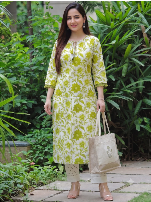 Sa Rasa Printed Viscose Rayon Straight Kurta for Women (Green, Maroon)