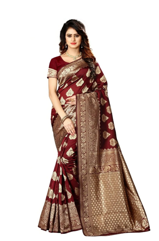 Shoppershopee Woven Kanjivaram Silk Blend Saree (Maroon)